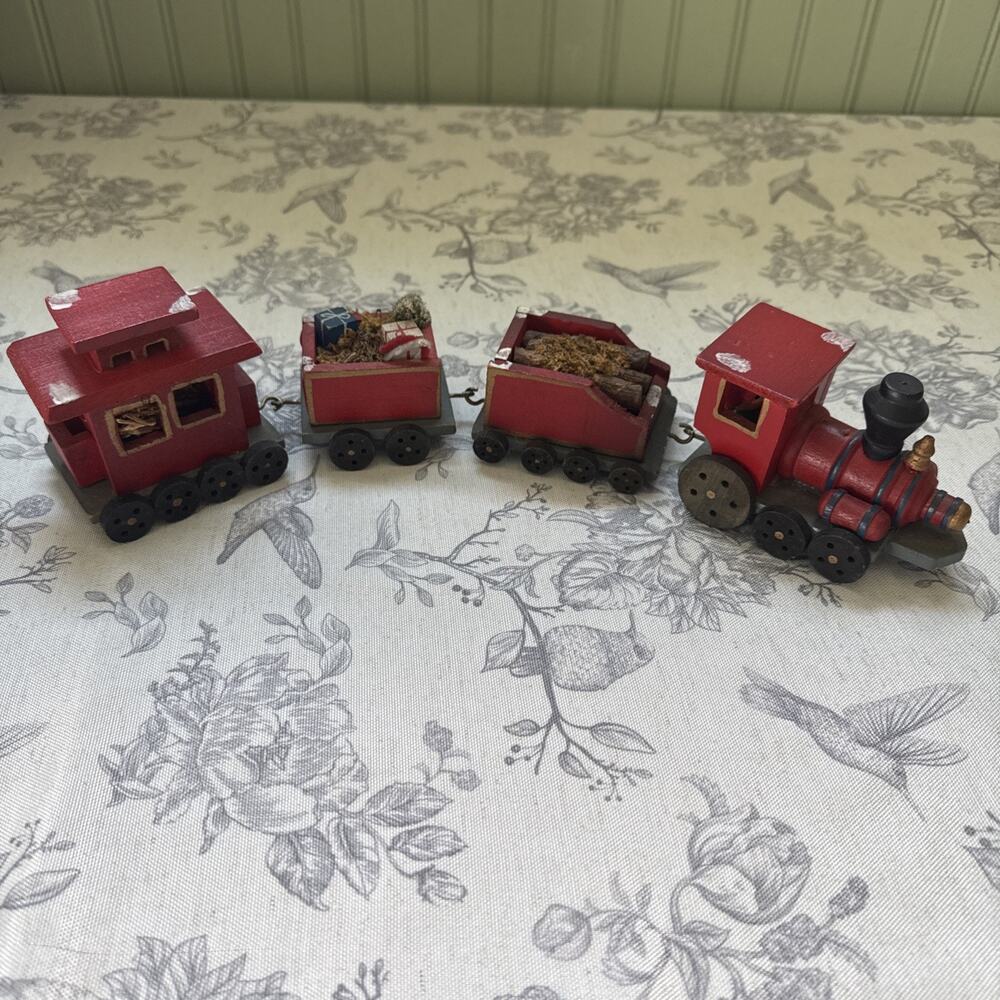 Vtg Wooden Christmas Train Set Red Holiday Decor Taiwan Retro Kitschy 15 Inches